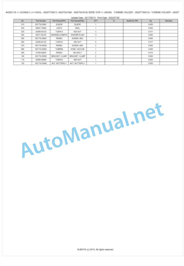 Kubota GCD600-C SERIE STW Parts Manual PDF BKIDE5116-3