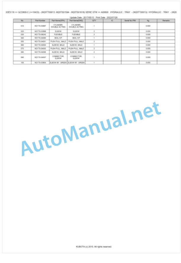 Kubota GCD600-C SERIE STW Parts Manual PDF BKIDE5116-5