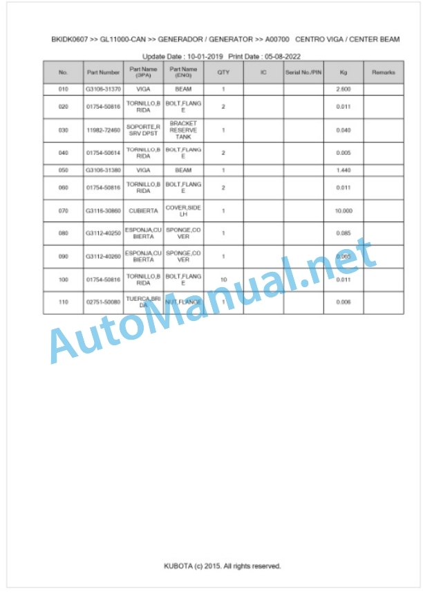 Kubota GL11000-CAN Parts Manual PDF BKIDK0607-5