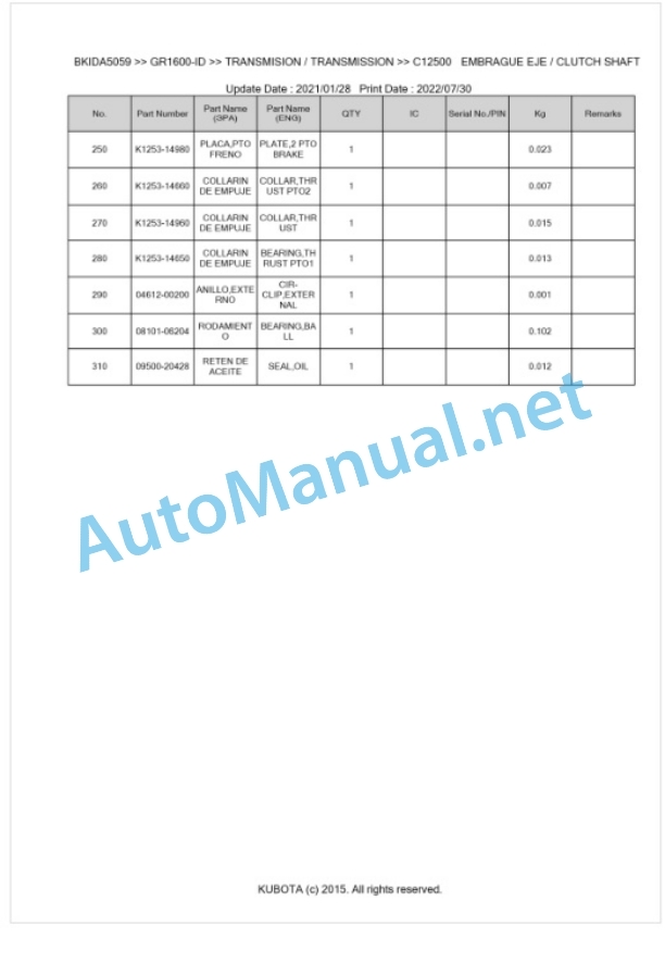 Kubota GR1600-ID Parts Manual PDF BKIDA5059-4