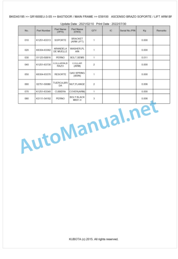 Kubota GR1600EU-3-S5 Parts Manual PDF BKIDA5195-5