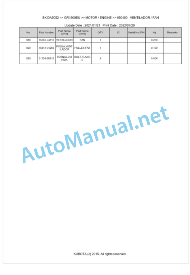 Kubota GR1600EU Parts Manual PDF BKIDA5052-3