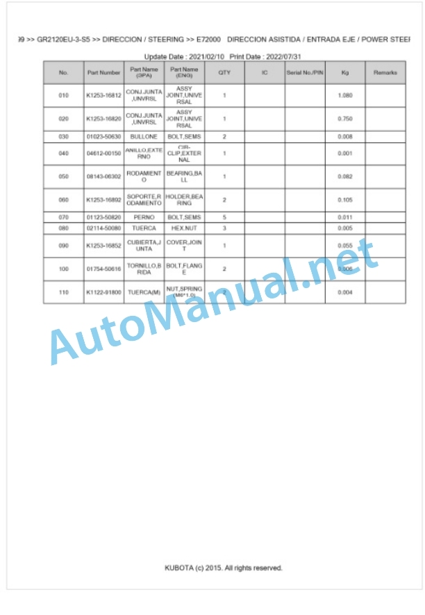 Kubota GR2120EU-3-S5 Parts Manual PDF BKIDA5199-5