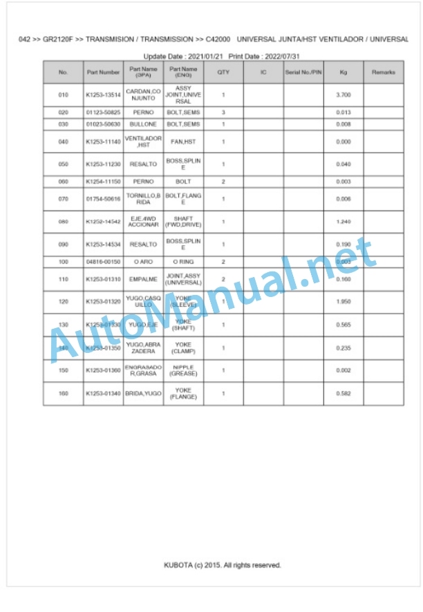 Kubota GR2120F Parts Manual PDF BKIDA5042-4