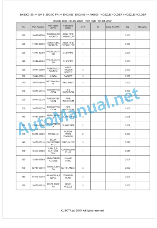 Kubota GV-3125Q-50-FR Parts Manual PDF BKIDK0155-3