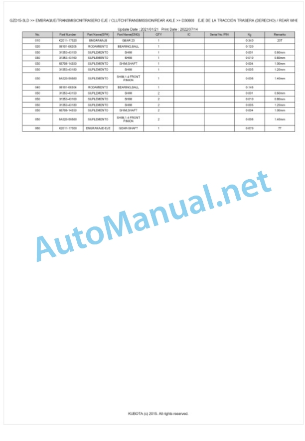 Kubota GZD15-3HD, GZD15-3LD Parts Manual PDF BKIDK5094-4