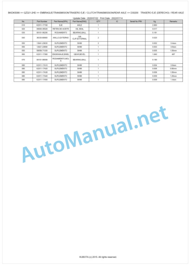 Kubota GZD21-2HD Parts Manual PDF BKIDK5099-4