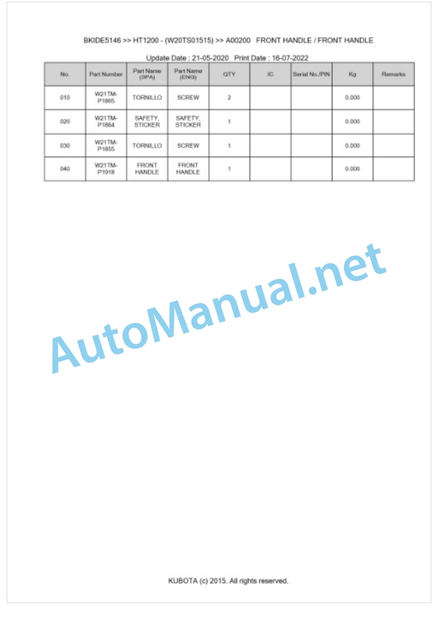 Kubota HT1200 Parts Manual PDF BKIDE5146-2