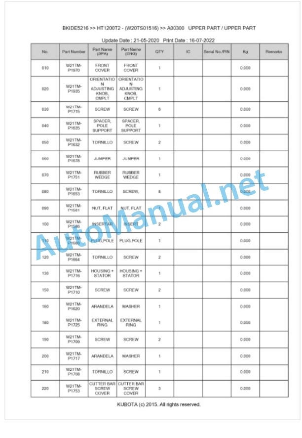 Kubota HT1200T2 - (W20TS01516) Parts Manual PDF BKIDE5216-4