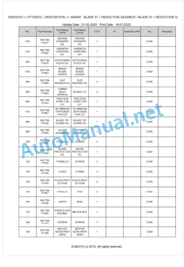 Kubota HT1200T2 - (W20TS01516) Parts Manual PDF BKIDE5216-5