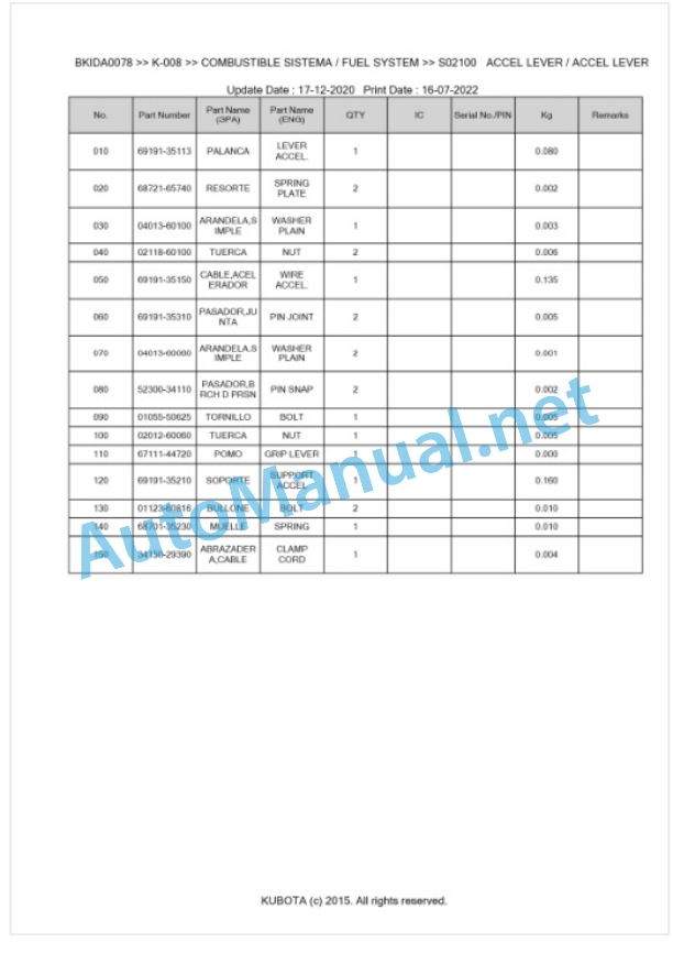 Kubota K-008 Parts Manual PDF BKIDA0078-2