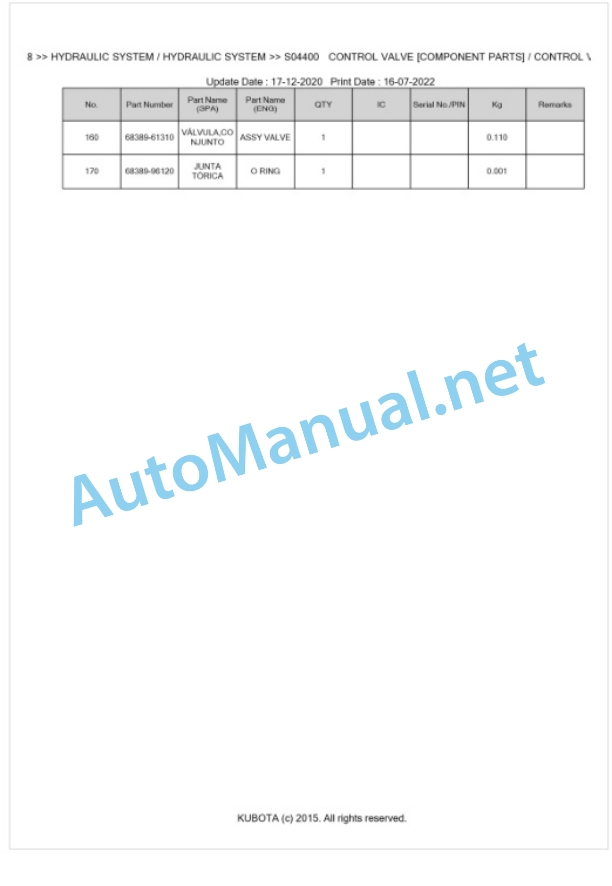 Kubota K-008 Parts Manual PDF BKIDA0078-3