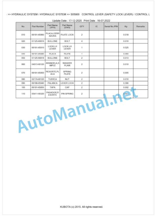 Kubota K-008 Parts Manual PDF BKIDA0078-4