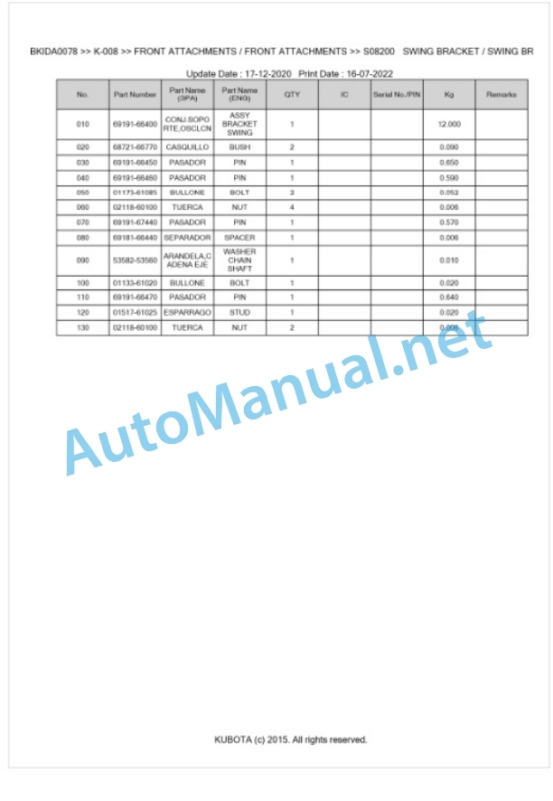 Kubota K-008 Parts Manual PDF BKIDA0078-5