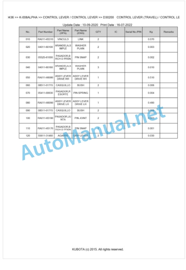 Kubota K-008ALPHA Parts Manual PDF BKIDK0436-4