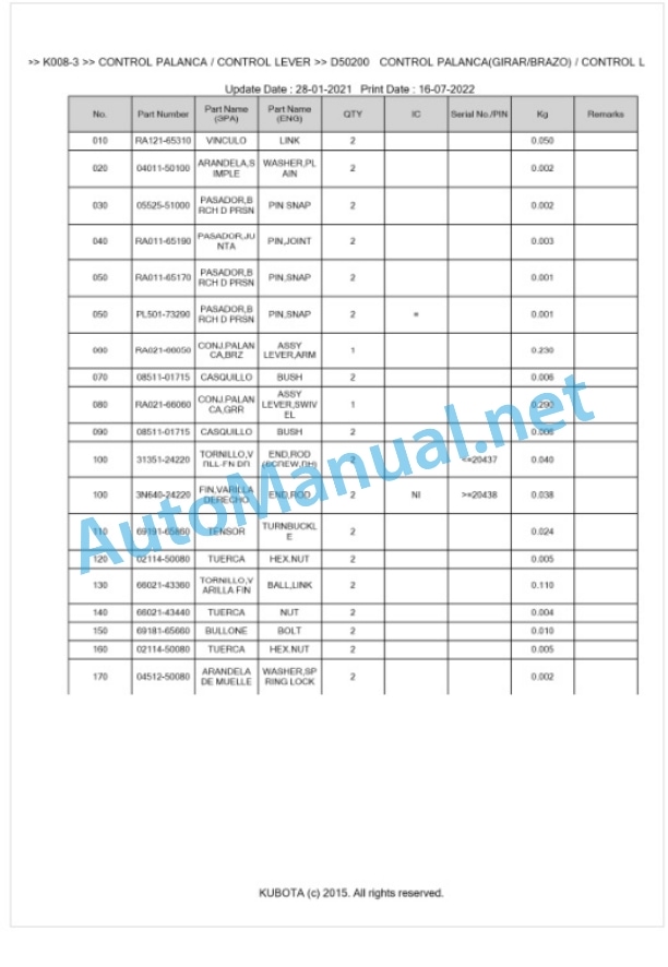 Kubota K008-3 Parts Manual PDF BKIDA0271-4