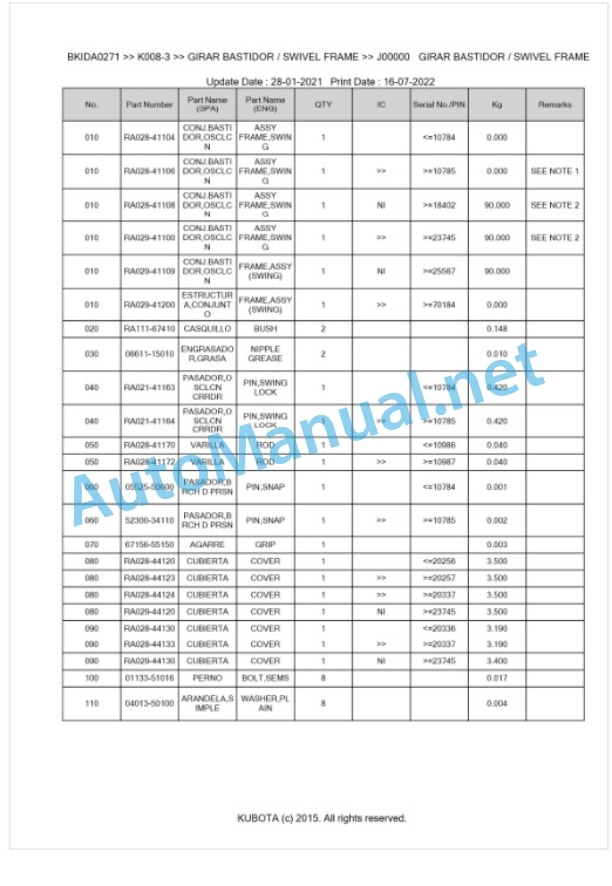 Kubota K008-3 Parts Manual PDF BKIDA0271-5