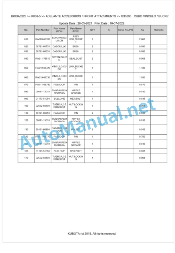 Kubota K008-5 Parts Manual PDF BKIDA5225-5