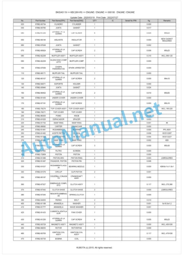 Kubota KBC26H-RS Parts Manual PDF BKIDA5119-2