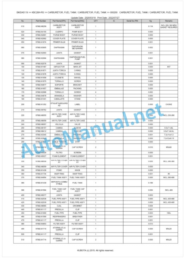 Kubota KBC26H-RS Parts Manual PDF BKIDA5119-3