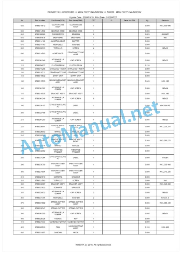 Kubota KBC26H-RS Parts Manual PDF BKIDA5119-4