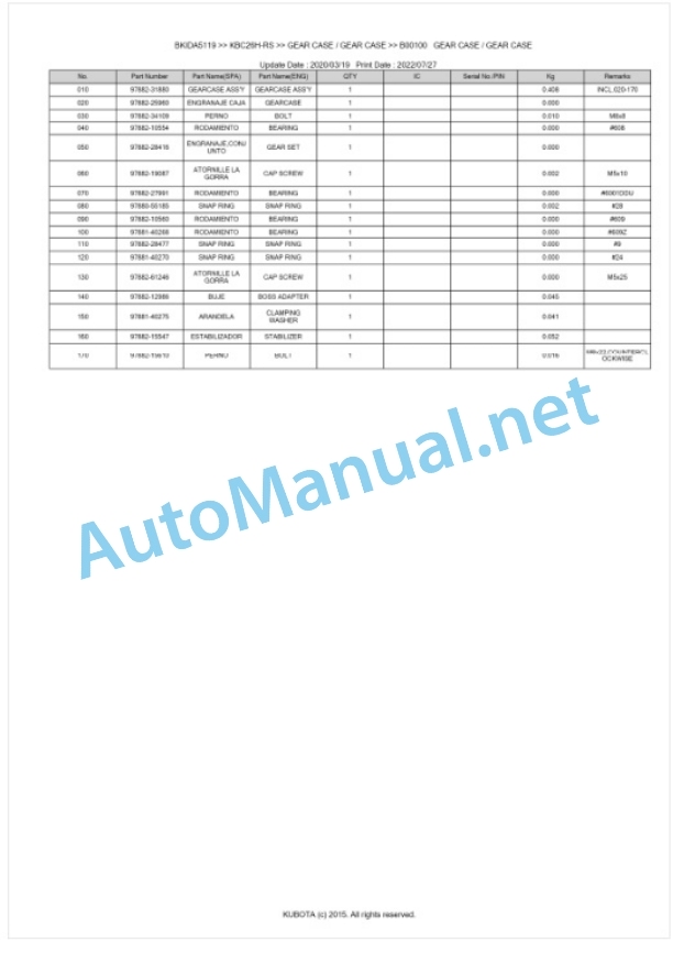 Kubota KBC26H-RS Parts Manual PDF BKIDA5119-5