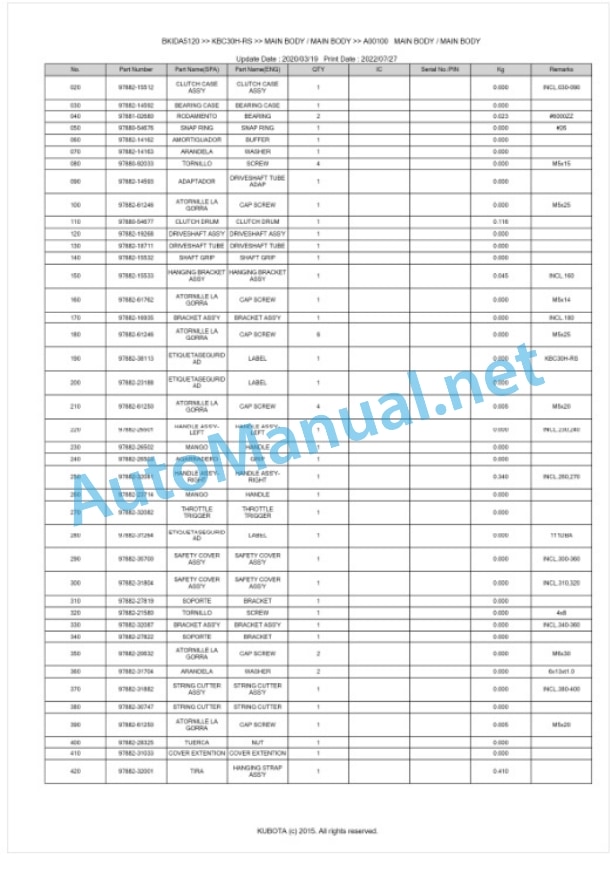 Kubota KBC30H-RS Parts Manual PDF BKIDA5120-4