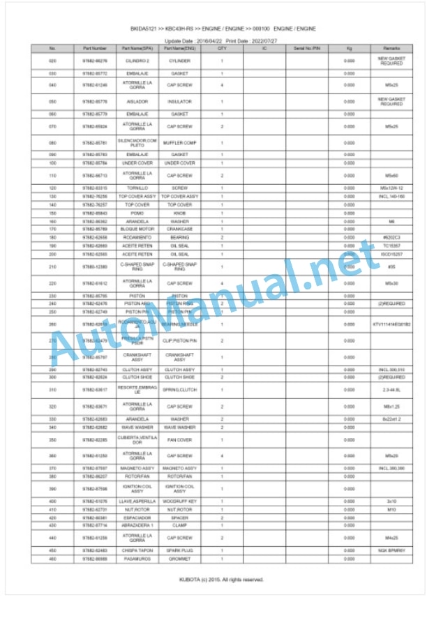 Kubota KBC43H-RS Parts Manual PDF BKIDA5121-2