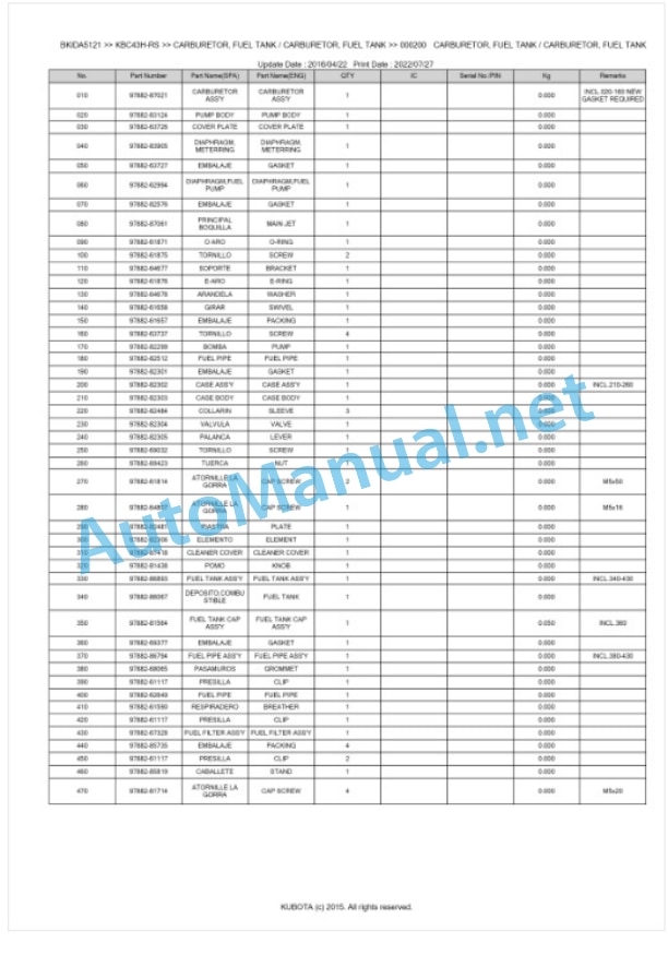 Kubota KBC43H-RS Parts Manual PDF BKIDA5121-3