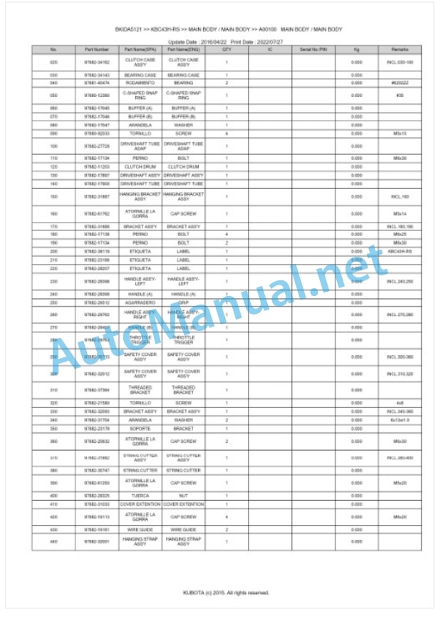 Kubota KBC43H-RS Parts Manual PDF BKIDA5121-4