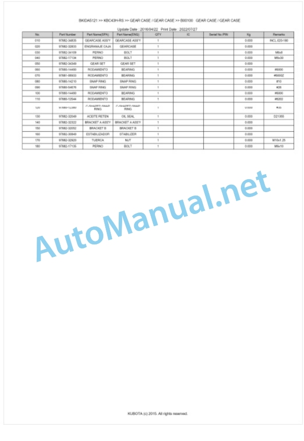 Kubota KBC43H-RS Parts Manual PDF BKIDA5121-5