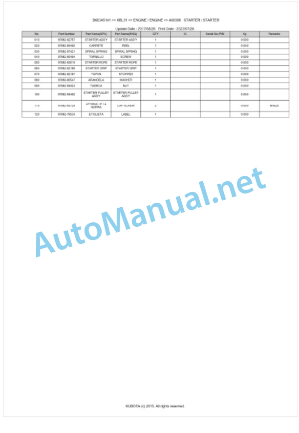 Kubota KBL31 Parts Manual PDF BKIDA5141-3