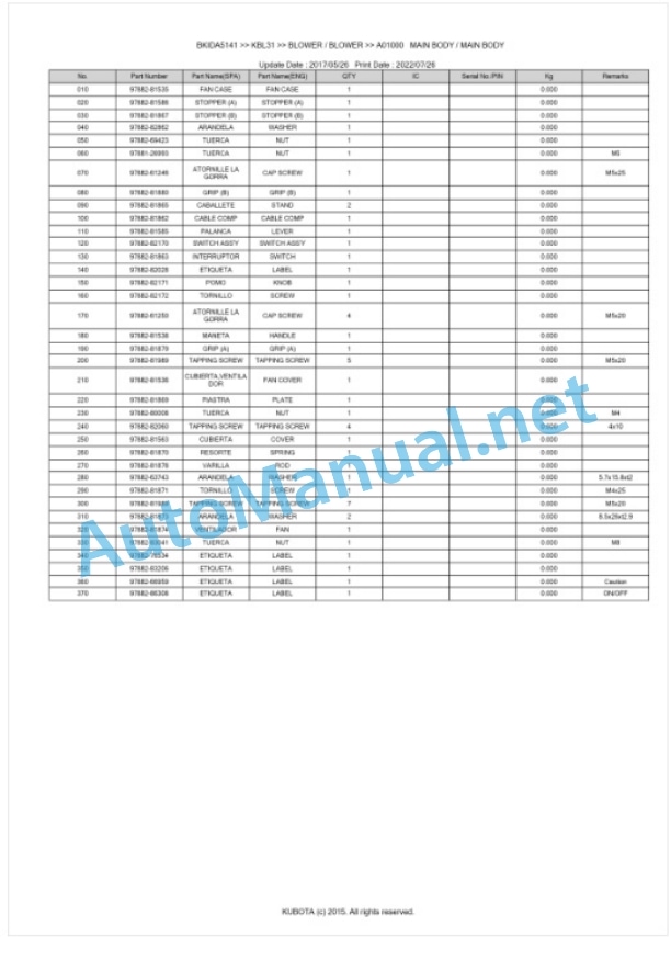 Kubota KBL31 Parts Manual PDF BKIDA5141-5