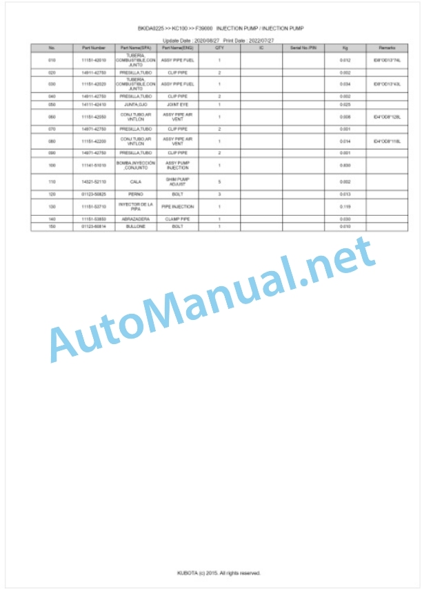 Kubota KC100 Parts Manual PDF BKIDA0225-5