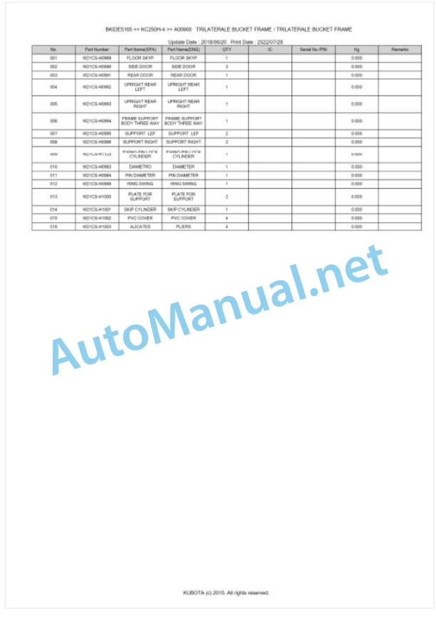 Kubota KC250H-4 Parts Manual PDF BKIDE5165-3