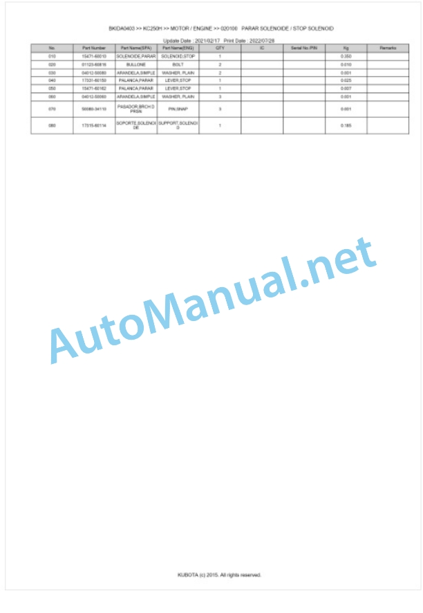 Kubota KC250H Parts Manual PDF BKIDA0403-2