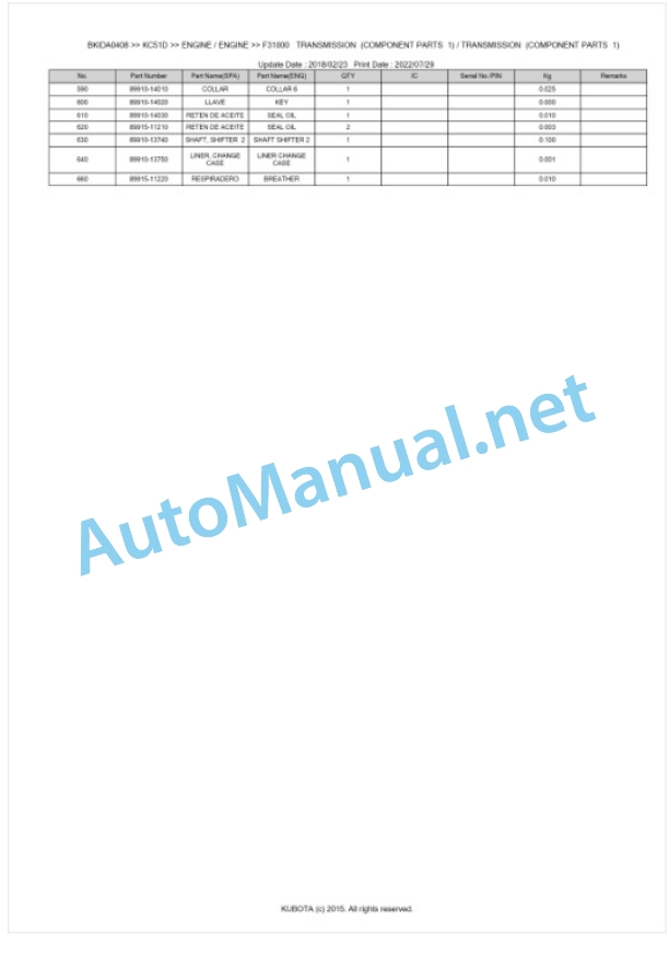 Kubota KC51D Parts Manual PDF BKIDA0408-5