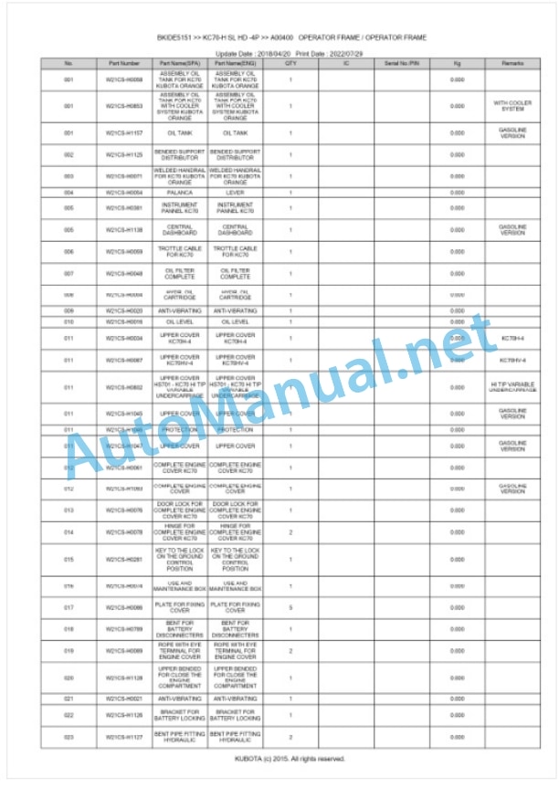 Kubota KC70-H SL HD -4P Parts Manual PDF BKIDE5151-2