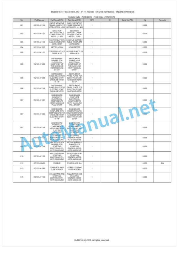 Kubota KC70-H SL HD -4P Parts Manual PDF BKIDE5151-5