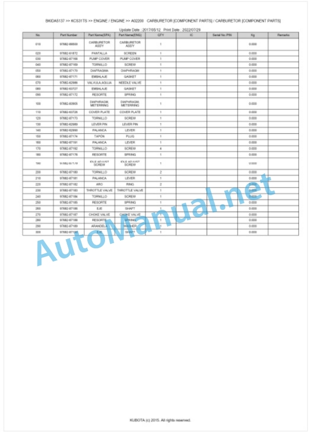 Kubota KCS31TS Parts Manual PDF BKIDA5137-3