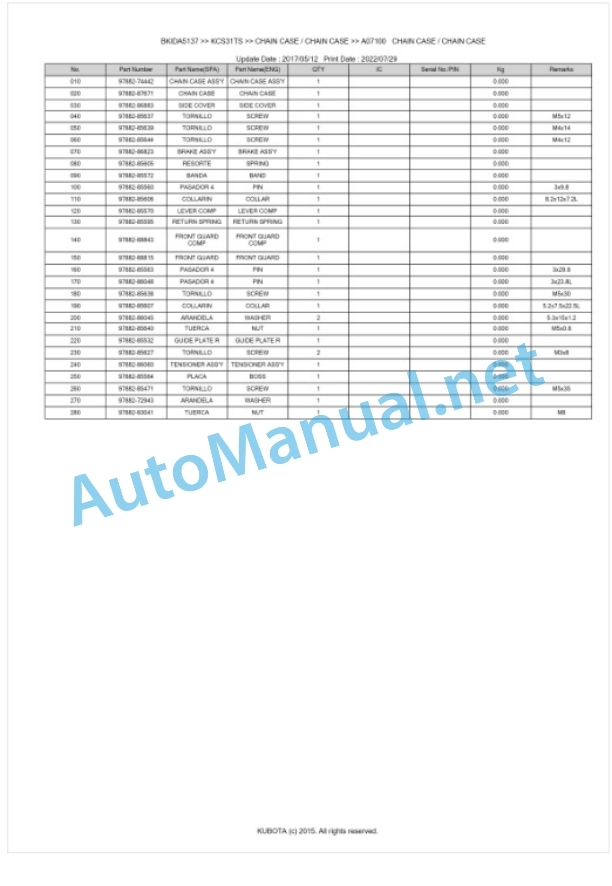 Kubota KCS31TS Parts Manual PDF BKIDA5137-5