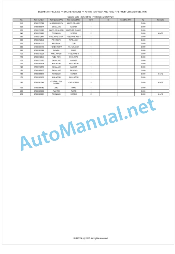 Kubota KCS35S Parts Manual PDF BKIDA5139-3