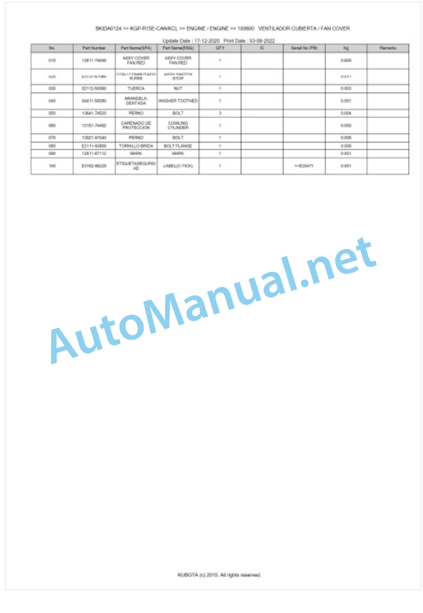 Kubota KGP-R15E-CAN, KGP-R15E-KCL Parts Manual PDF BKIDA0124-4