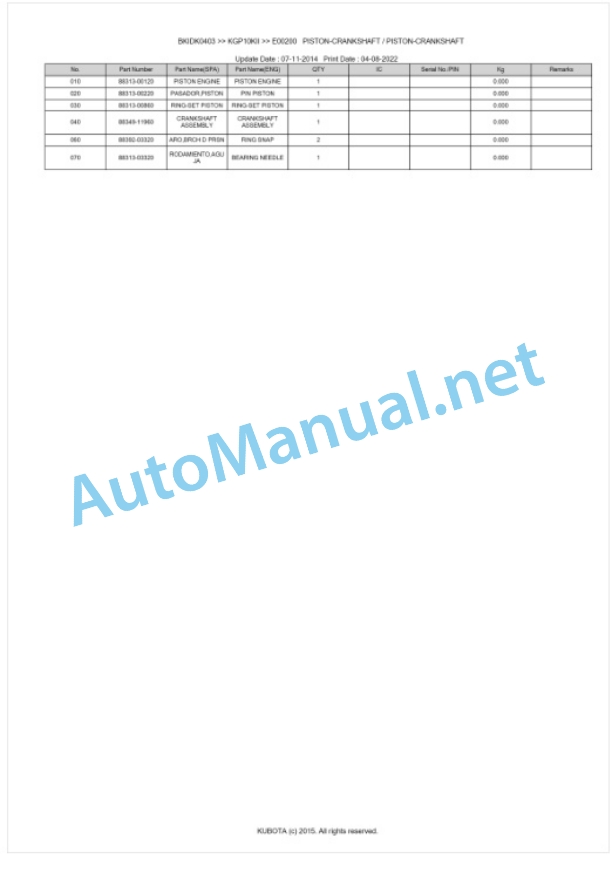 Kubota KGP10KII Parts Manual PDF BKIDK0403-2