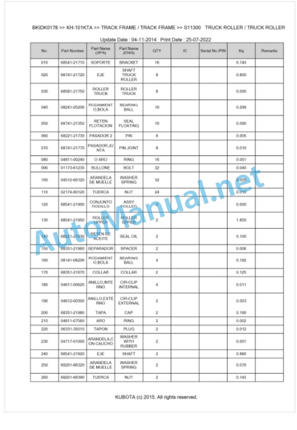 Kubota KH-101KTA Parts Manual PDF BKIDK0178-5