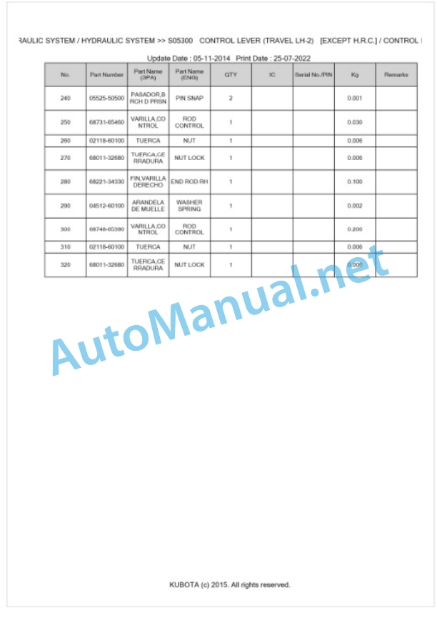 Kubota KH-151 Parts Manual PDF BKIDK0179-3