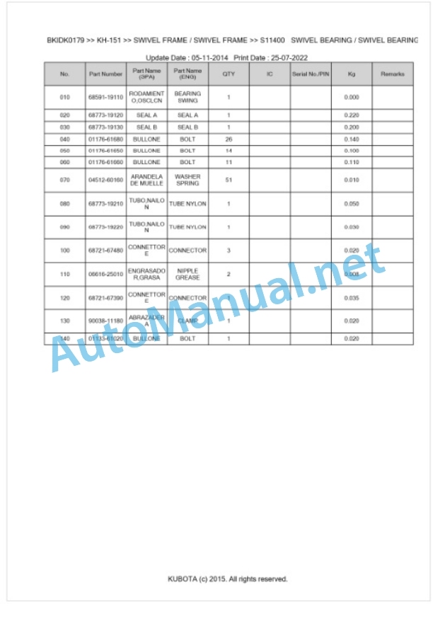 Kubota KH-151 Parts Manual PDF BKIDK0179-5