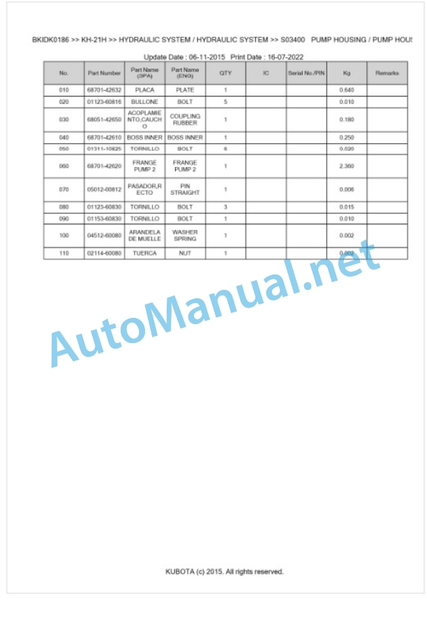 Kubota KH-21H Parts Manual PDF BKIDK0186-3