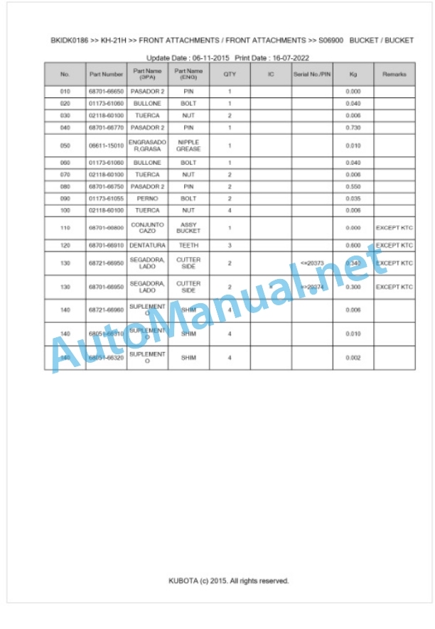 Kubota KH-21H Parts Manual PDF BKIDK0186-5