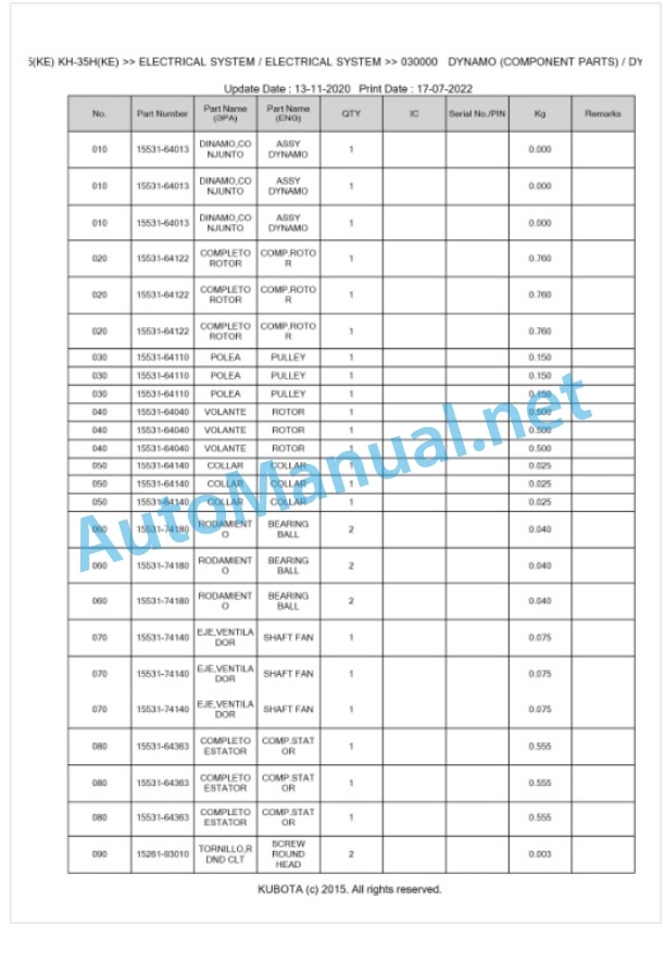 Kubota KH-35, KH-35KE, KH-35H, KH-35HKE Parts Manual PDF BKIDA0016-3